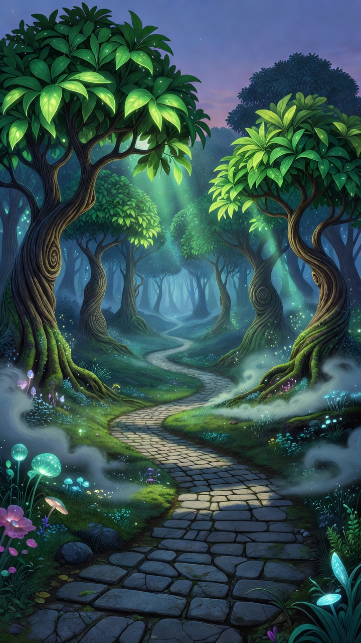 Ancient stone trail winding through a cartoon-style glowing green forest under mystical twilight illumination