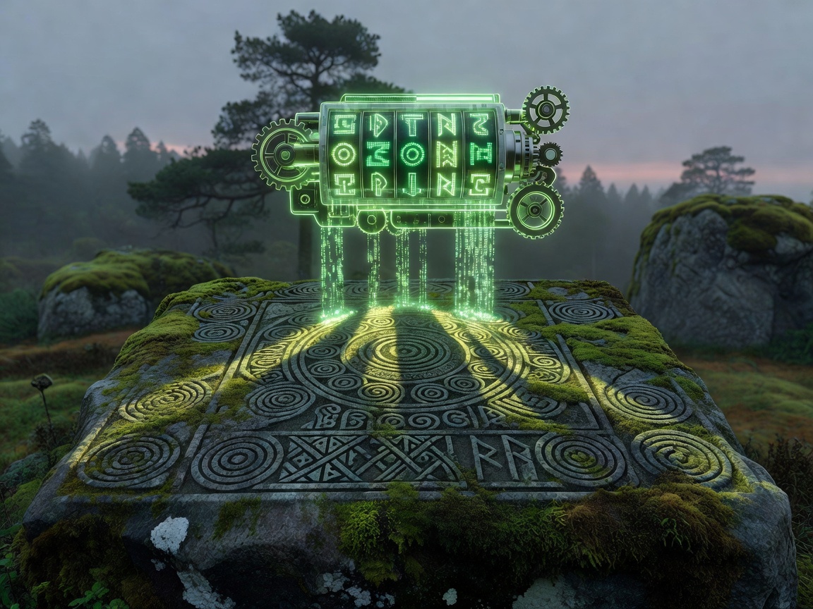 Glowing neon-green slot mechanics floating above ancient Scandinavian moss patterns
