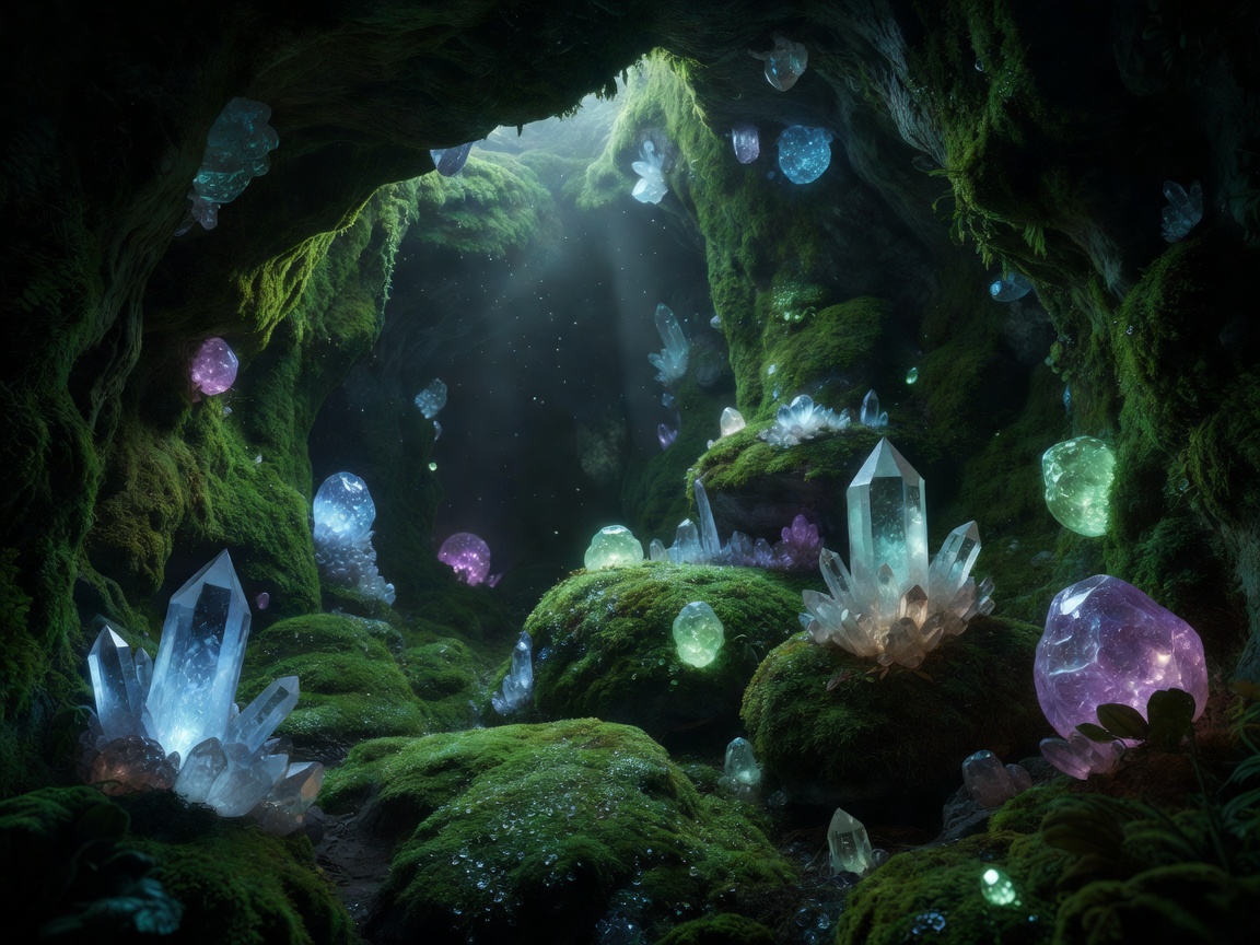 Lush dark green mossy cavern illuminated by soft mythical forest glowing crystals