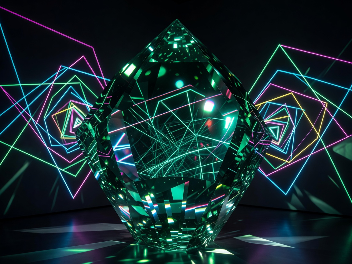 A perfectly polished giant emerald crystal cut reflecting complex geometric neon lines