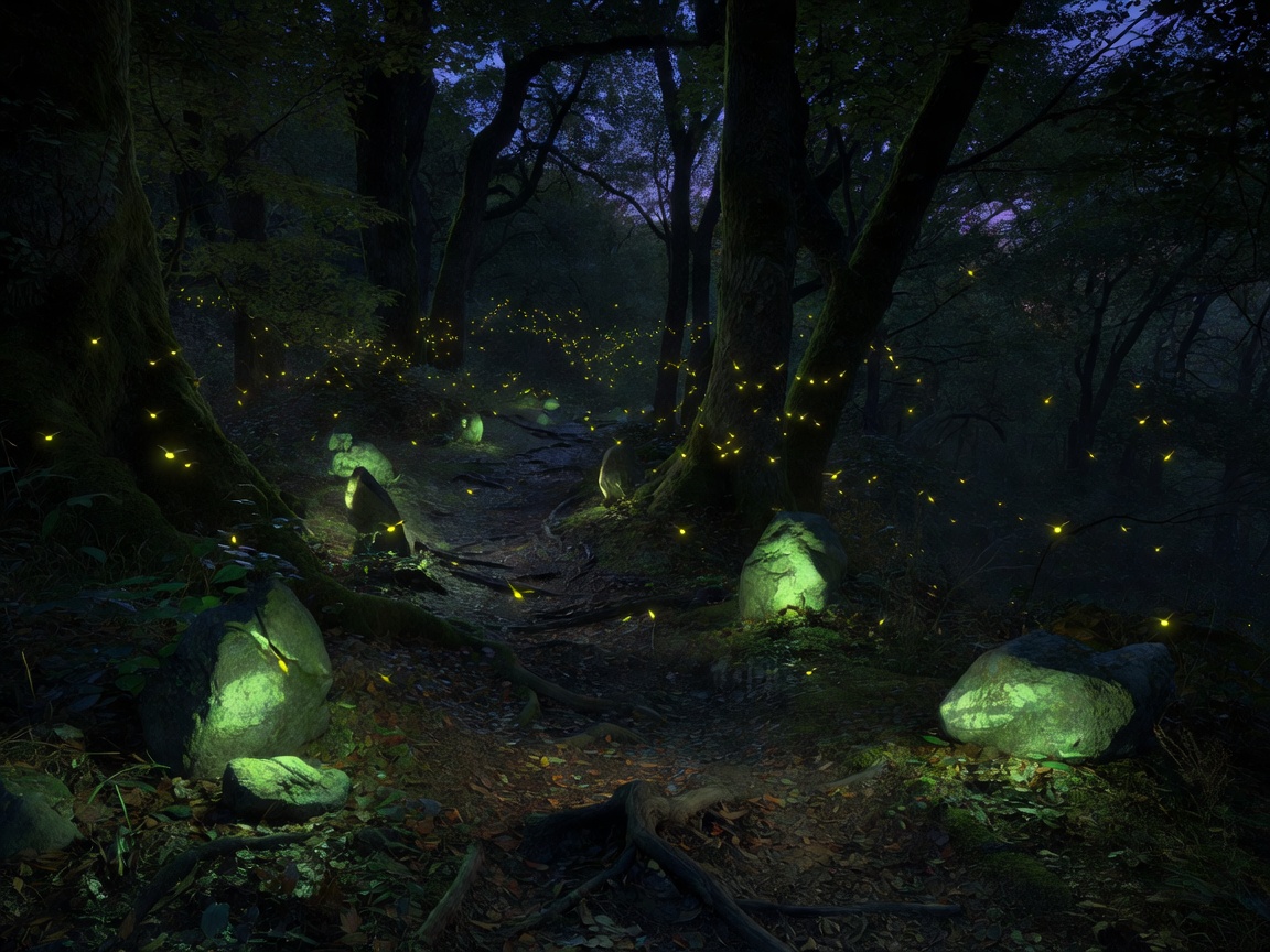 A dense forest path at twilight with glowing fireflies highlighting warning stones
