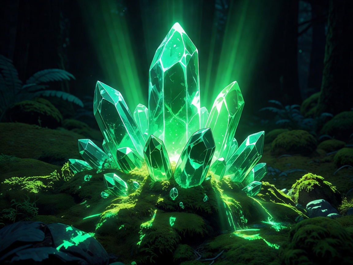 Dazzling giant cartoon-style emerald crystals reflecting bright neon-green light rays on dark moss