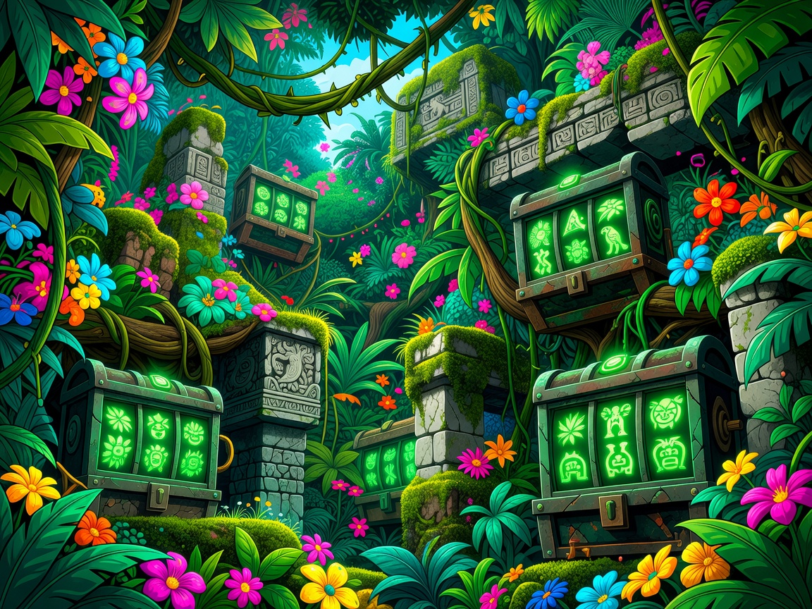 Vibrant cartoon jungle canopy featuring glowing green slot treasures and ancient stone architecture