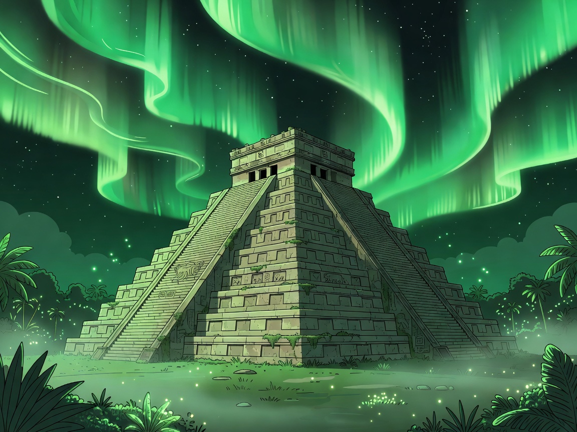 Stylized cartoon Aztec pyramid surrounded by glowing magical green northern lights
